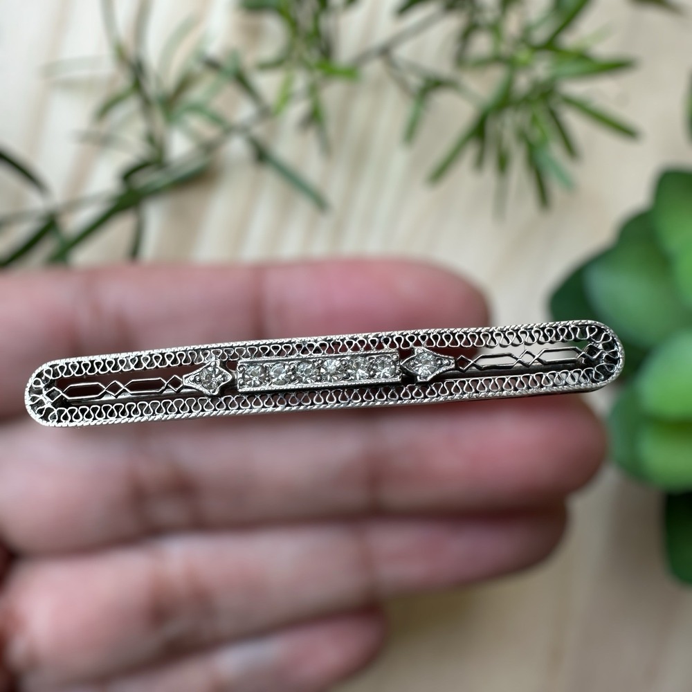 Vintage EIF Art Deco Bar Brooch Pin 2.5 Inch Sterling Silver Clear Crystals 5.0g